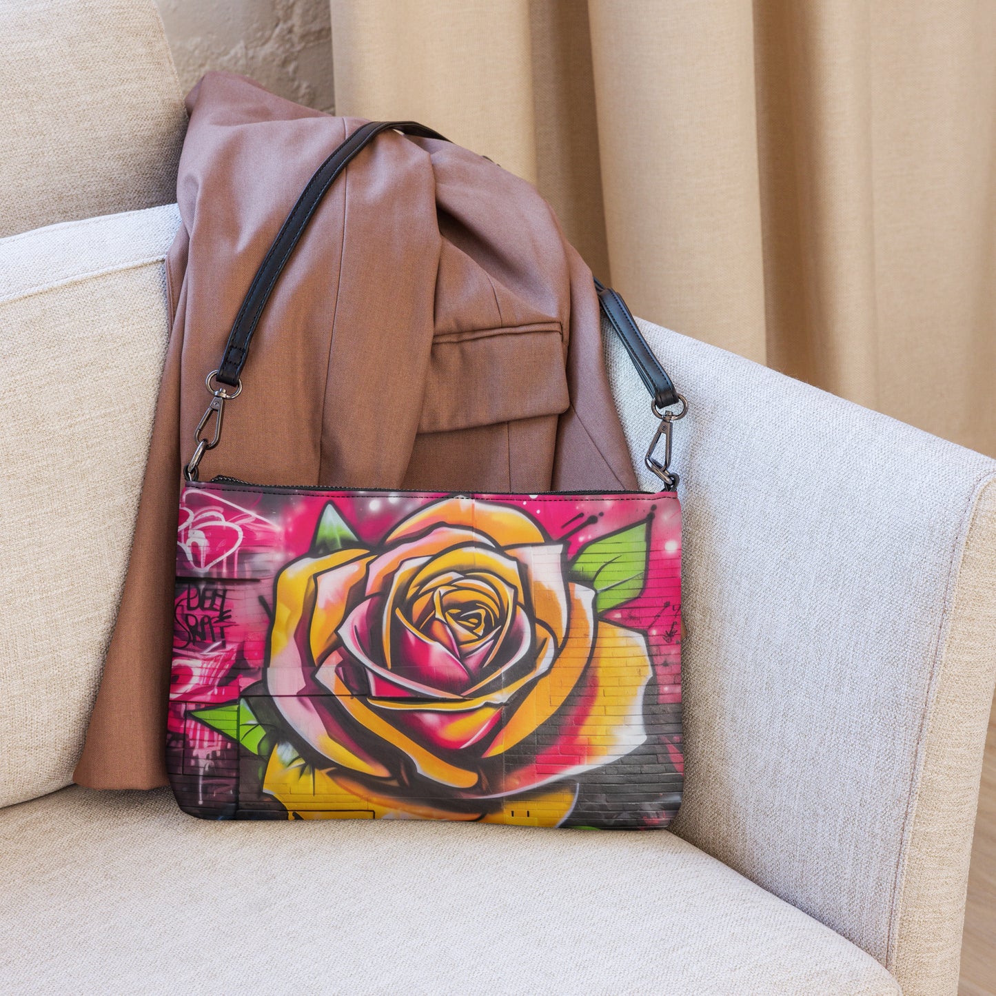 Ladies Rose Graffiti Wall Art Crossbody Bag