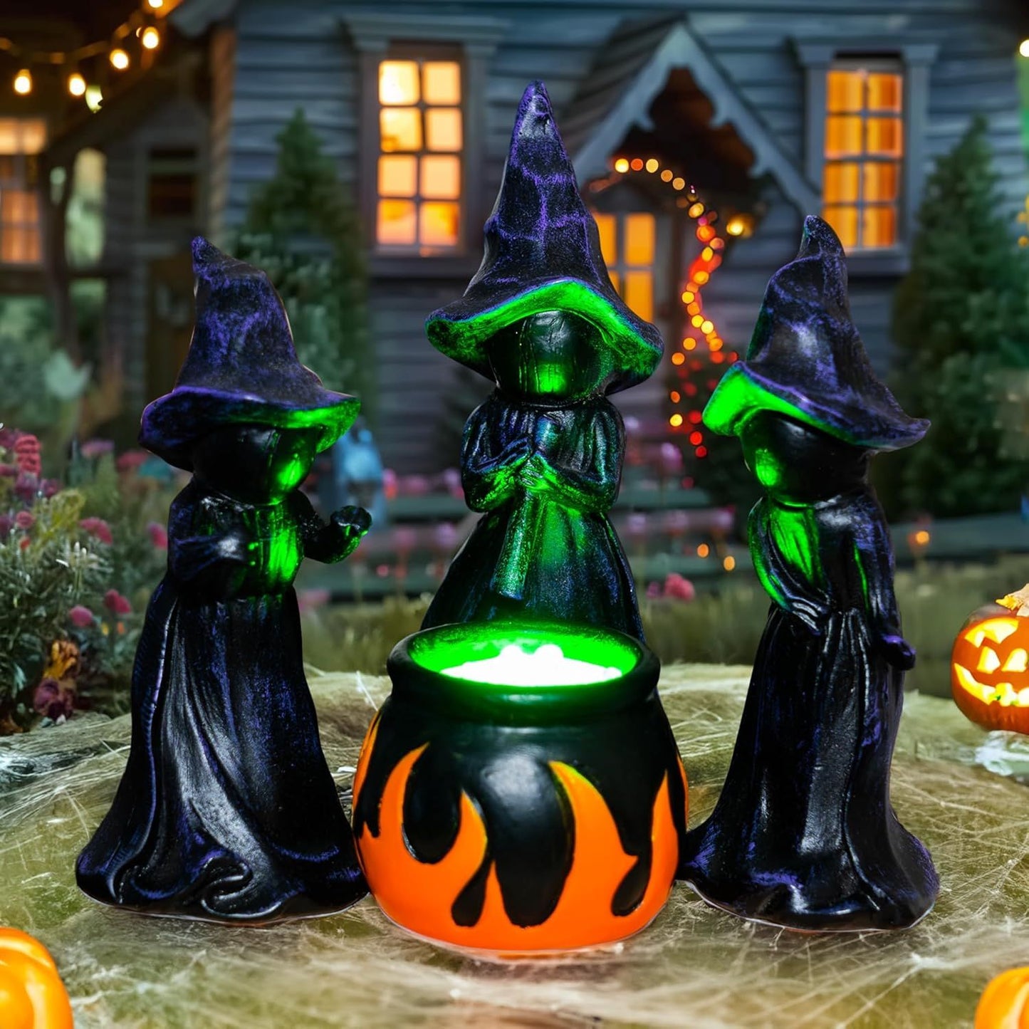 4 PCS Halloween Miniature Resin Witches Cauldron Figurine Table Decoration w/ Lighted Cauldron