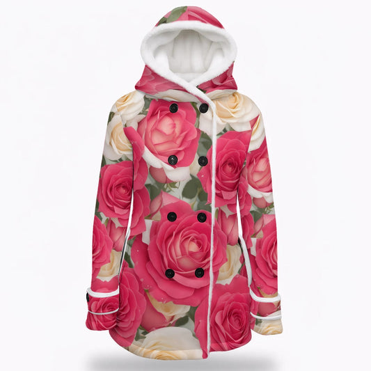 Ladies Rose Print Double Breasted Winter Coat