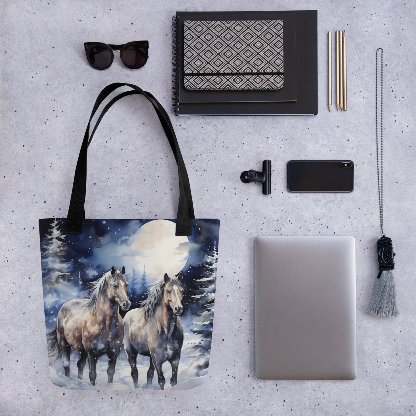Majestic Winter Horses Velveteen Plush Blanket with Matching Tote Bag