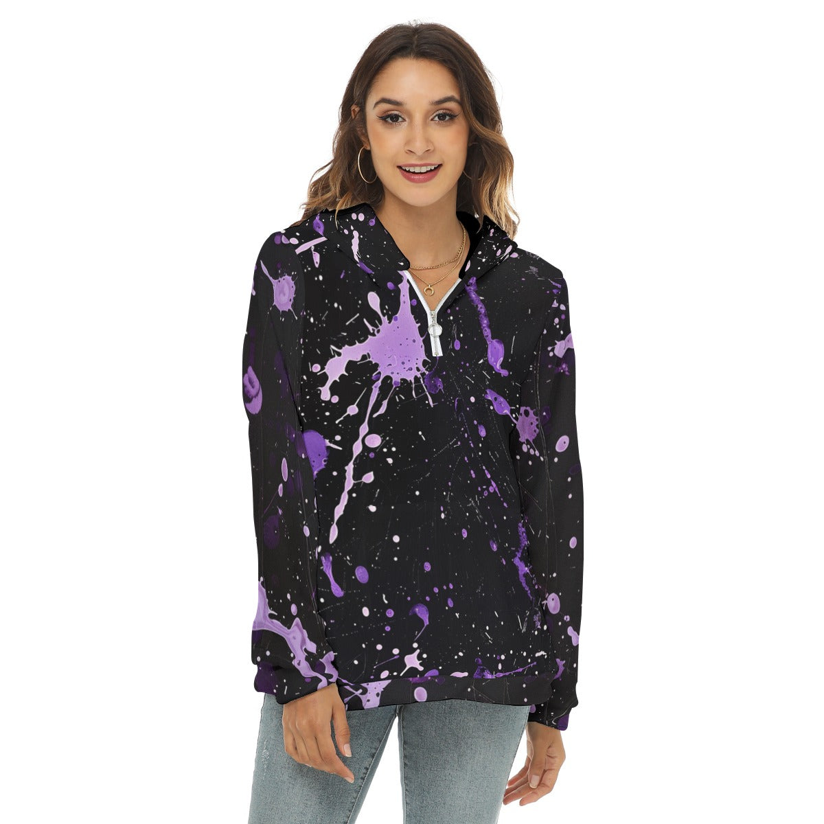 Women's Lavender Paint Splatter Print Half Zip Hoodie