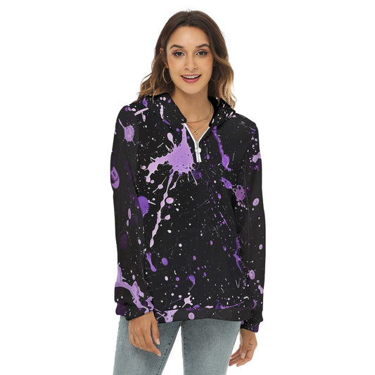 Women's Lavender Paint Splatter Print Half Zip Hoodie