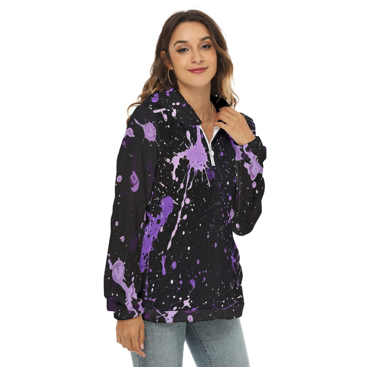 Women's Lavender Paint Splatter Print Half Zip Hoodie