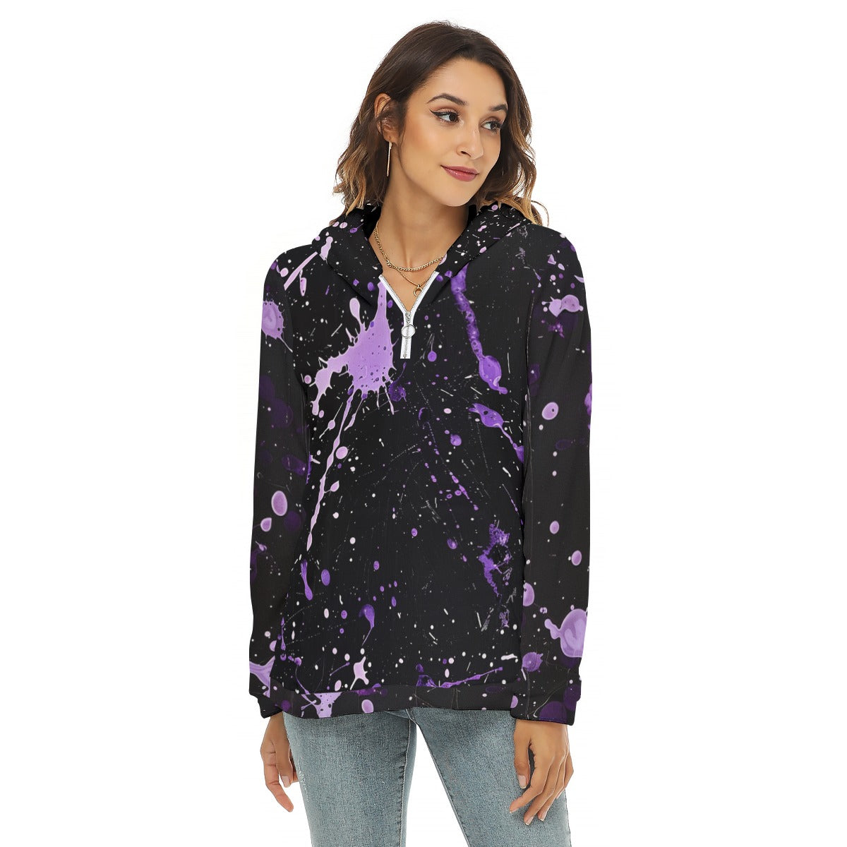 Women's Lavender Paint Splatter Print Half Zip Hoodie