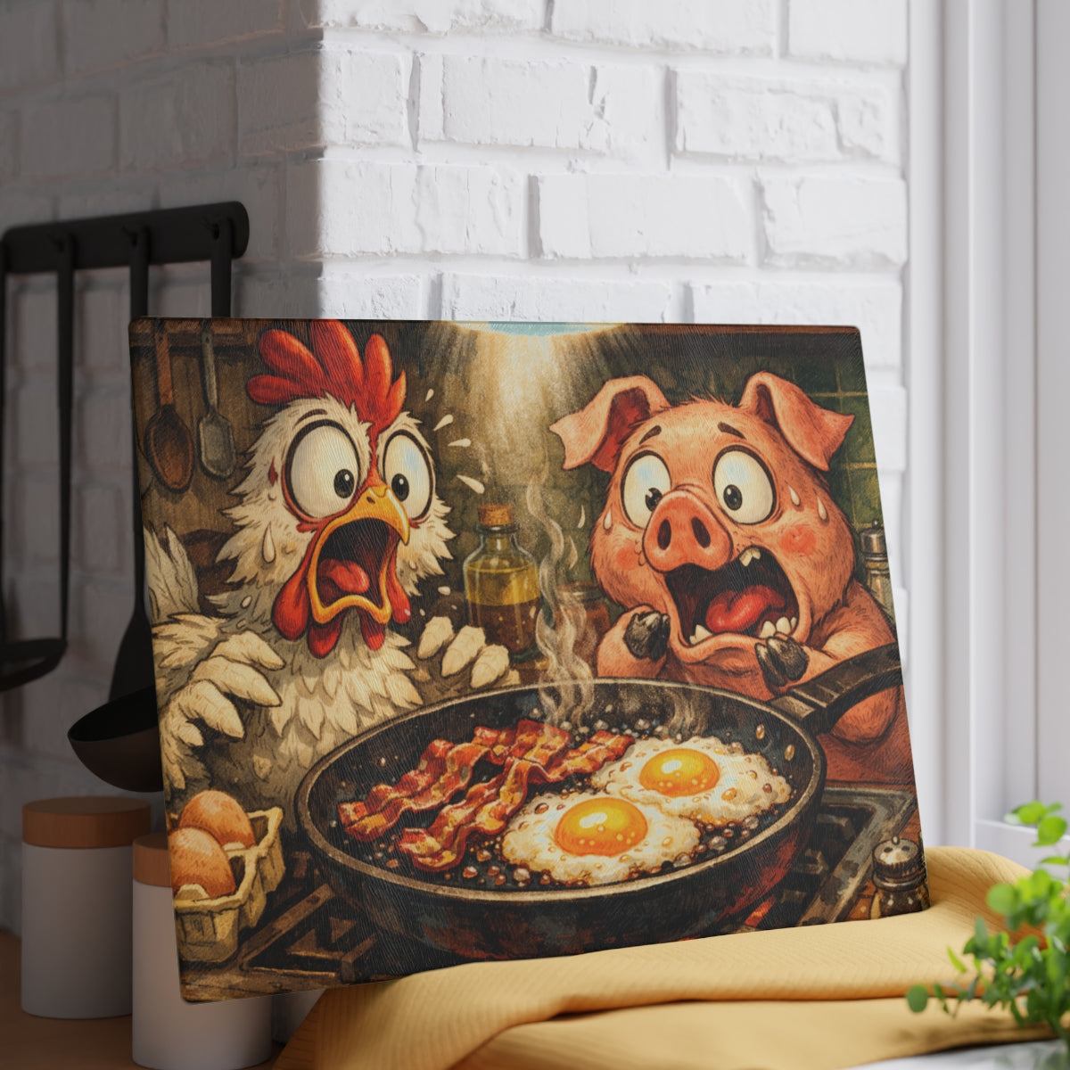 Shocked Bacon and Eggs Glass Cutting Board