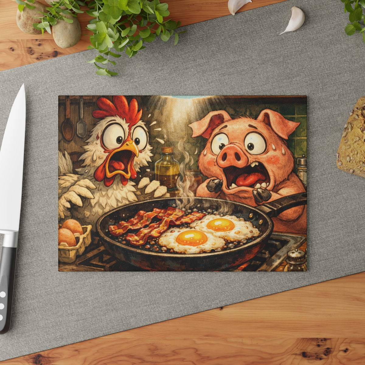 Shocked Bacon and Eggs Glass Cutting Board