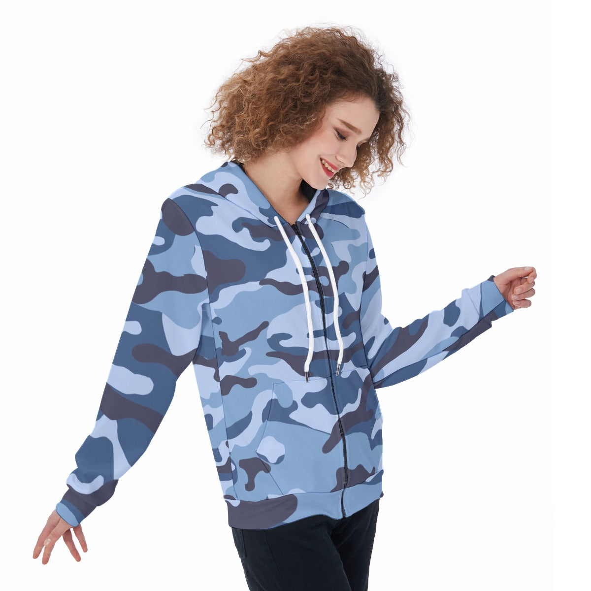 Ladies Blue Camo Short Zip-Up Hoodie