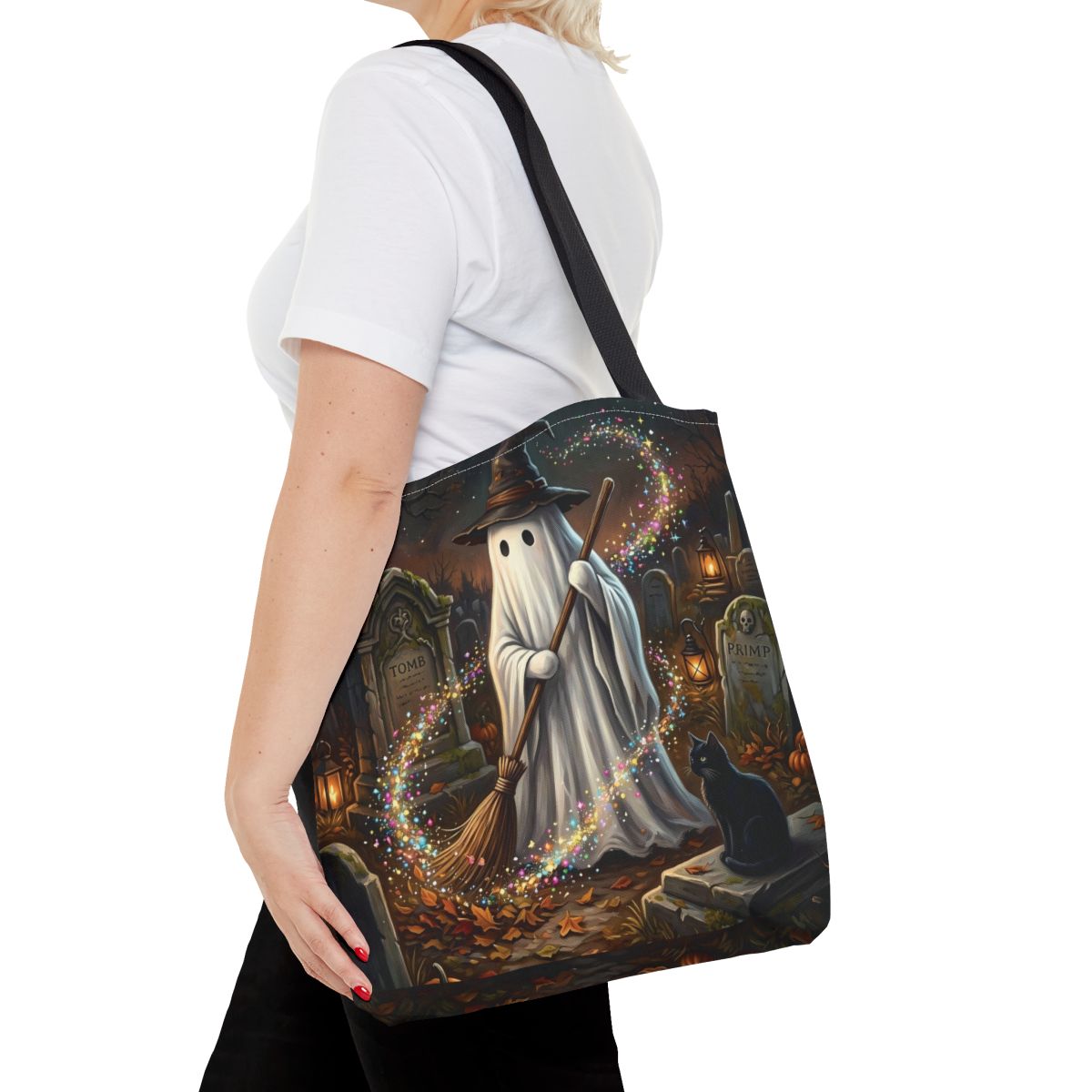Ghost with Witch's Broom Tote Bag