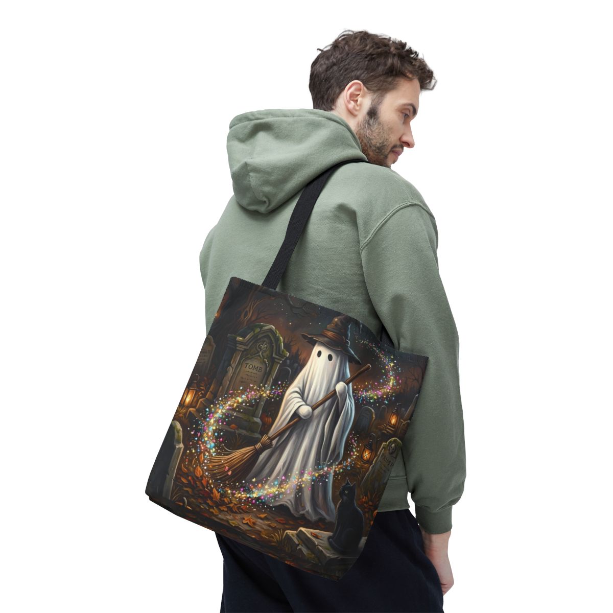 Ghost with Witch's Broom Tote Bag