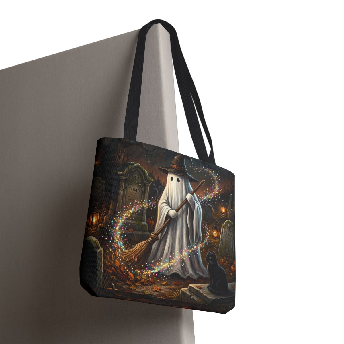 Ghost with Witch's Broom Tote Bag
