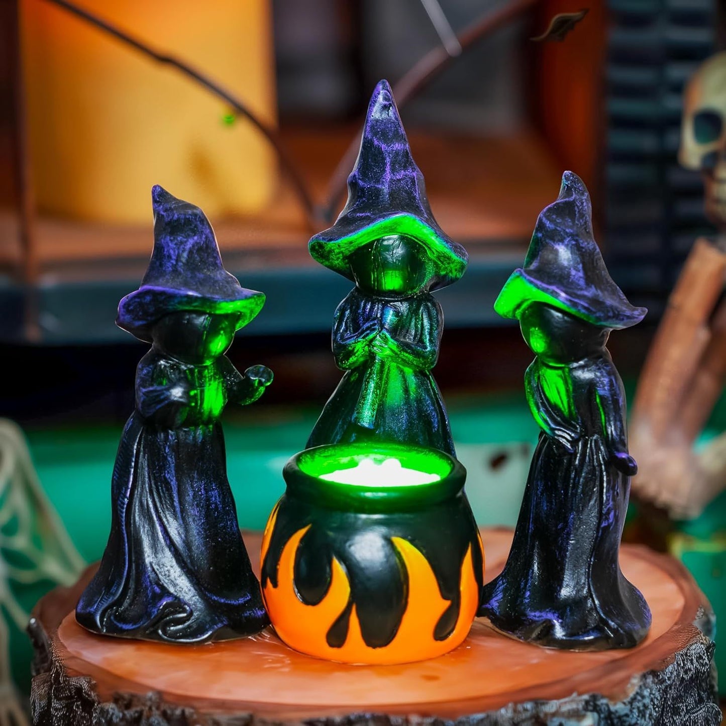 4 PCS Halloween Miniature Resin Witches Cauldron Figurine Table Decoration w/ Lighted Cauldron