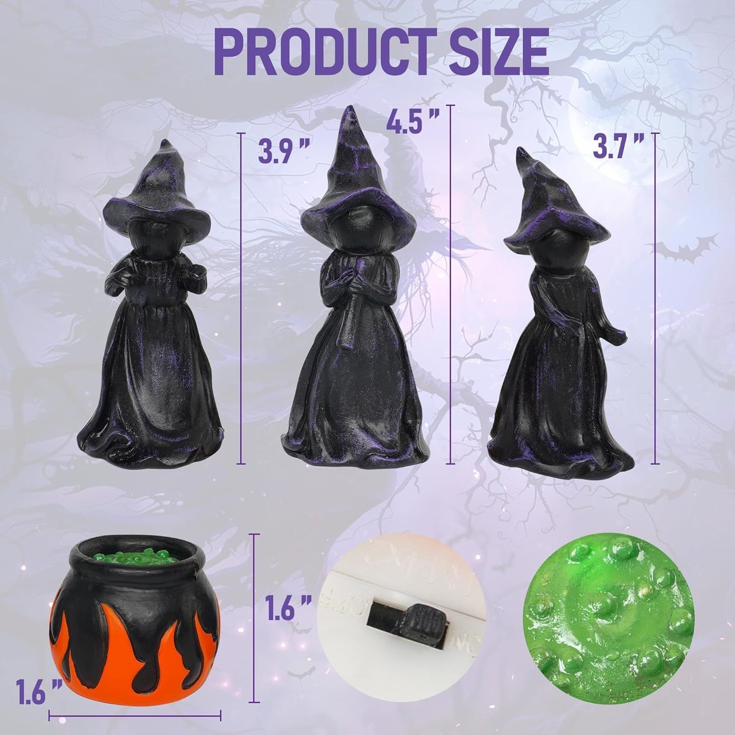 4 PCS Halloween Miniature Resin Witches Cauldron Figurine Table Decoration w/ Lighted Cauldron