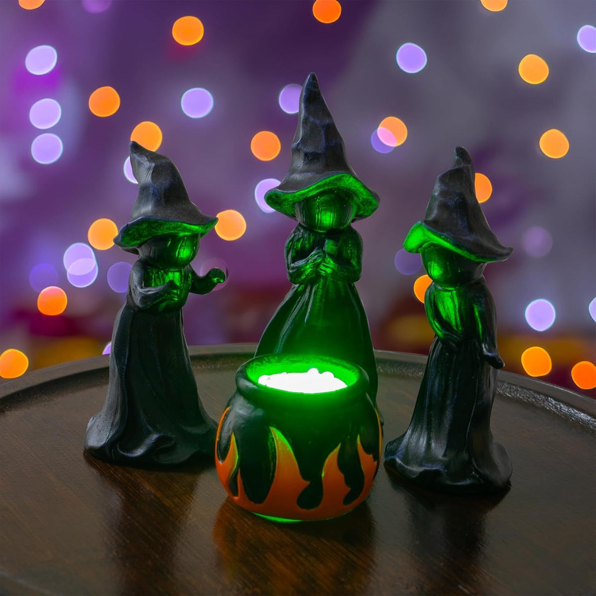 4 PCS Halloween Miniature Resin Witches Cauldron Figurine Table Decoration w/ Lighted Cauldron