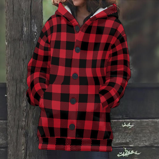 Ladies Red Plaid Hooded Coat