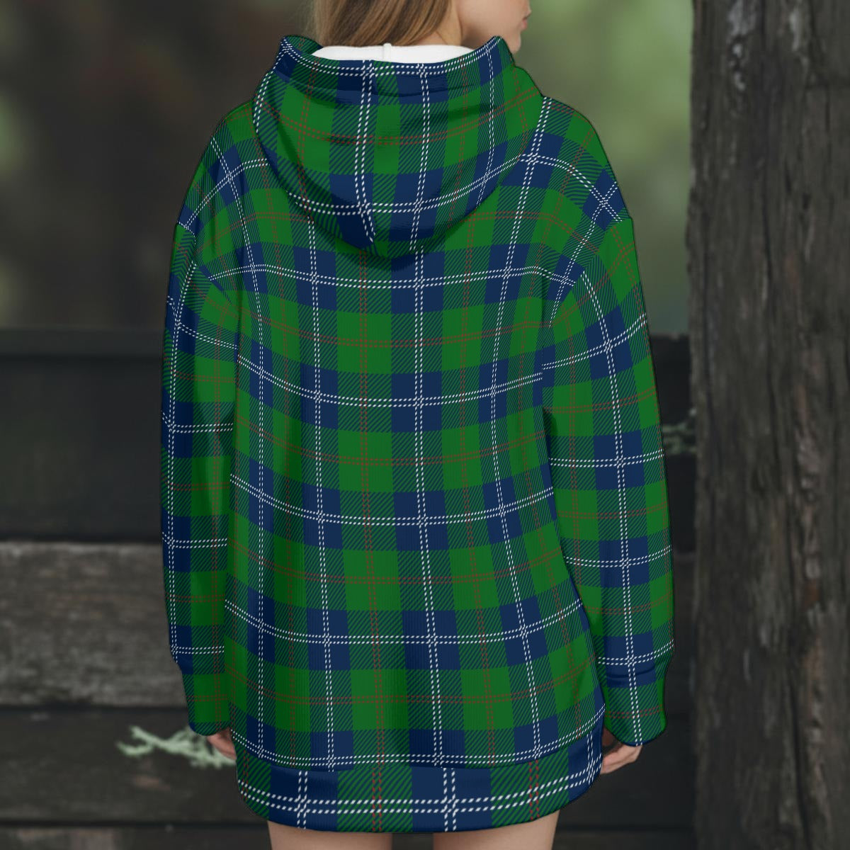 Ladies Blue Green Plaid Hooded Coat