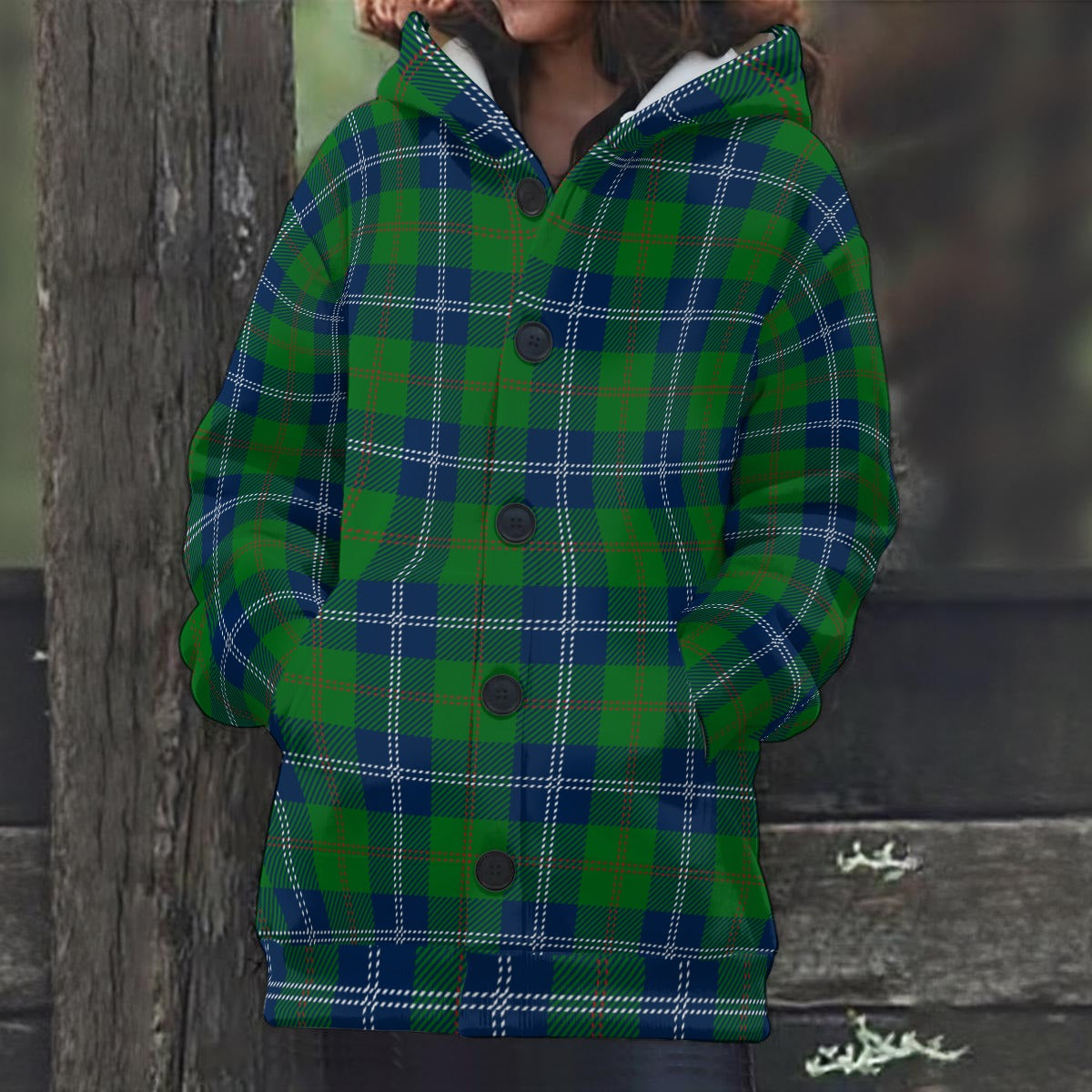 Ladies Blue Green Plaid Hooded Coat