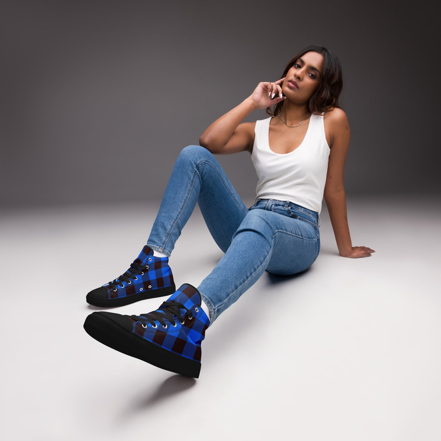 Ladies Blue Plaid High Top Sneakers