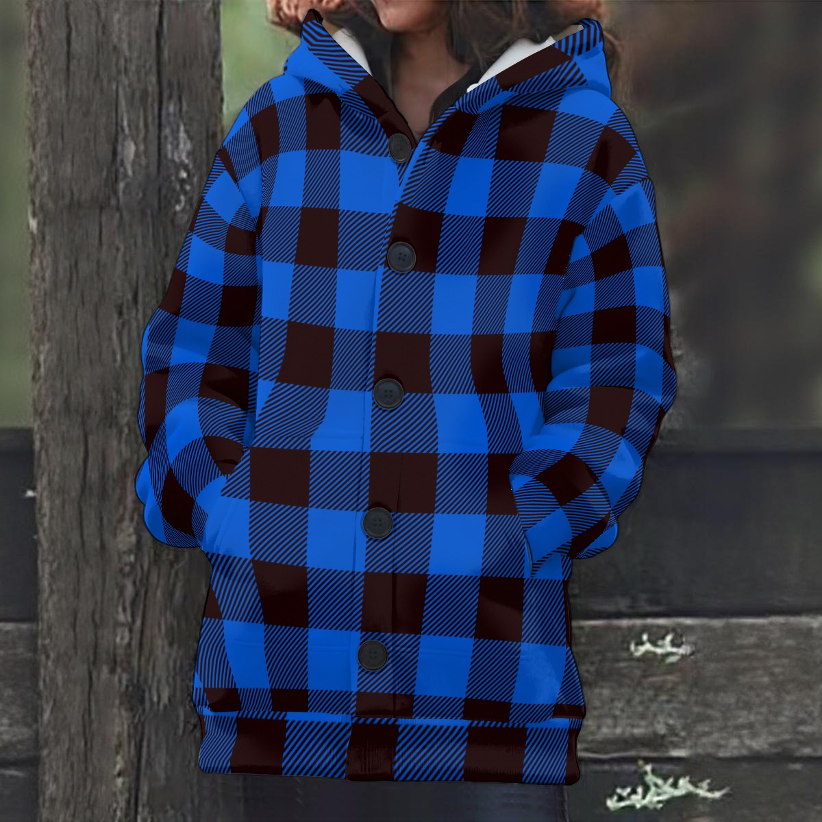 Ladies Blue Plaid Hooded Coat