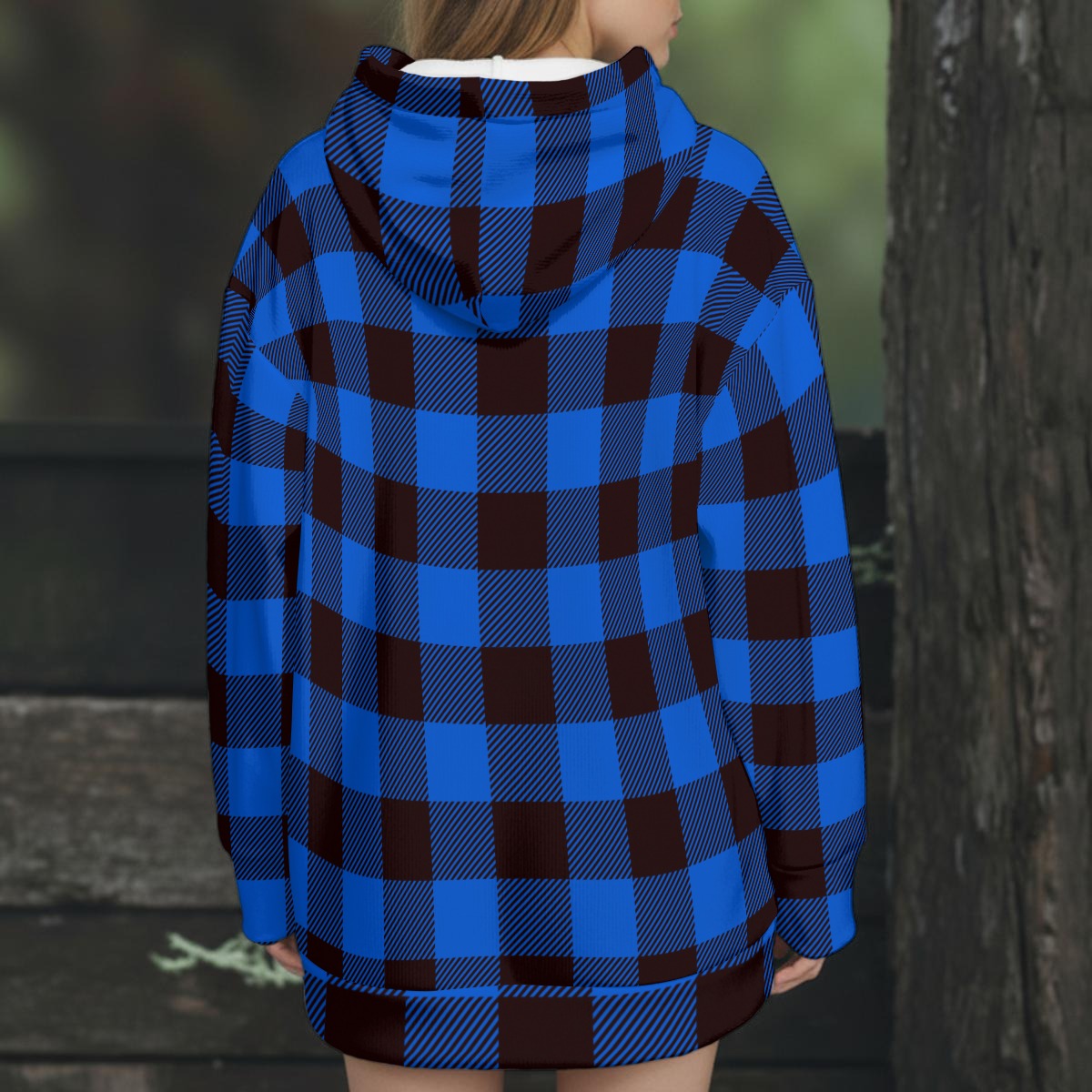Ladies Blue Plaid Hooded Coat
