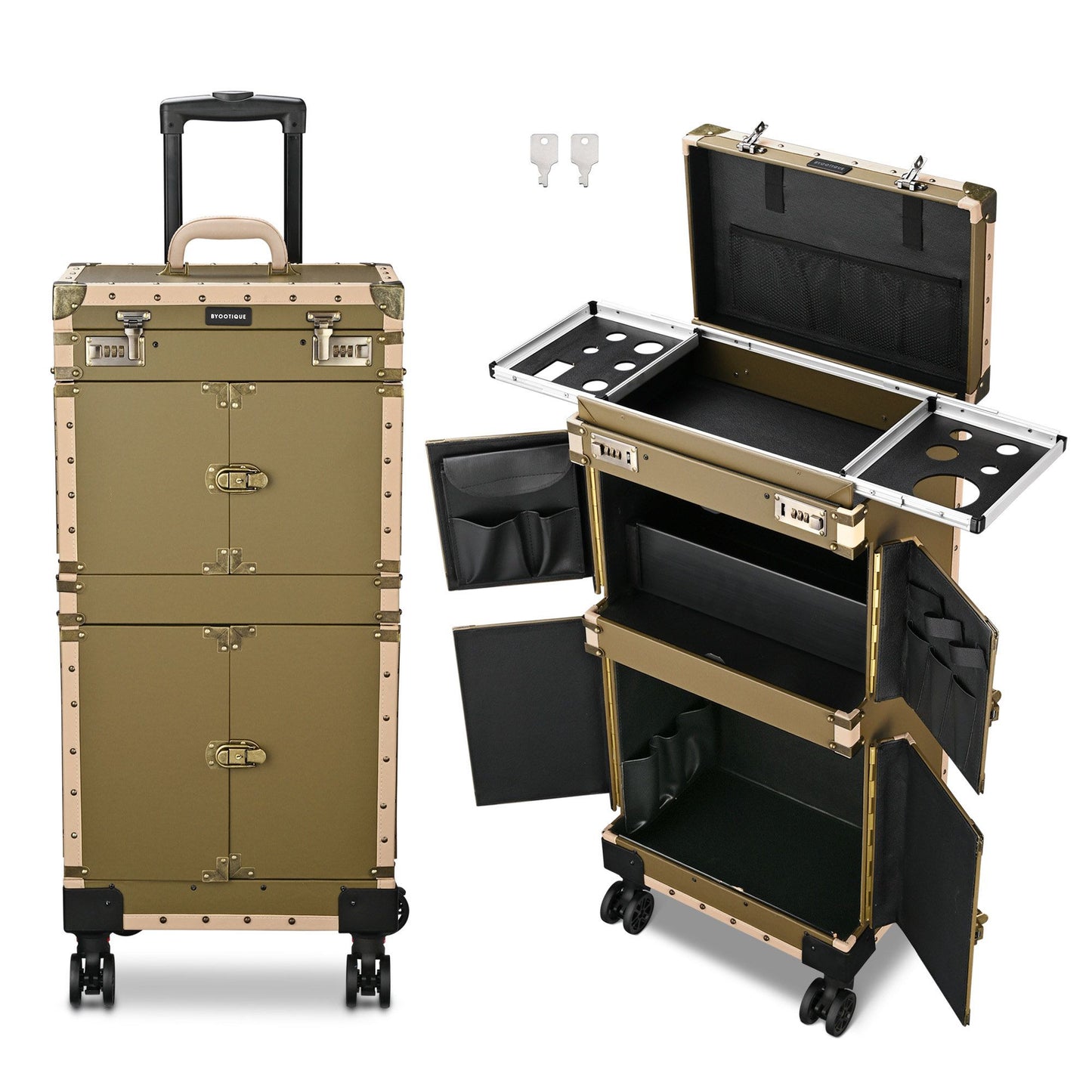 Gold Rolling Makeup Case w/Locks