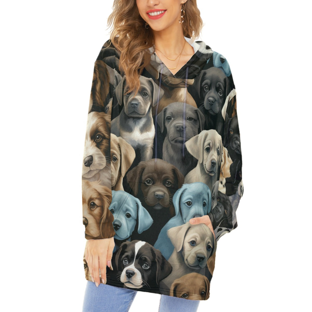Ladies Puppy Print Pullover Blanket Hoodie